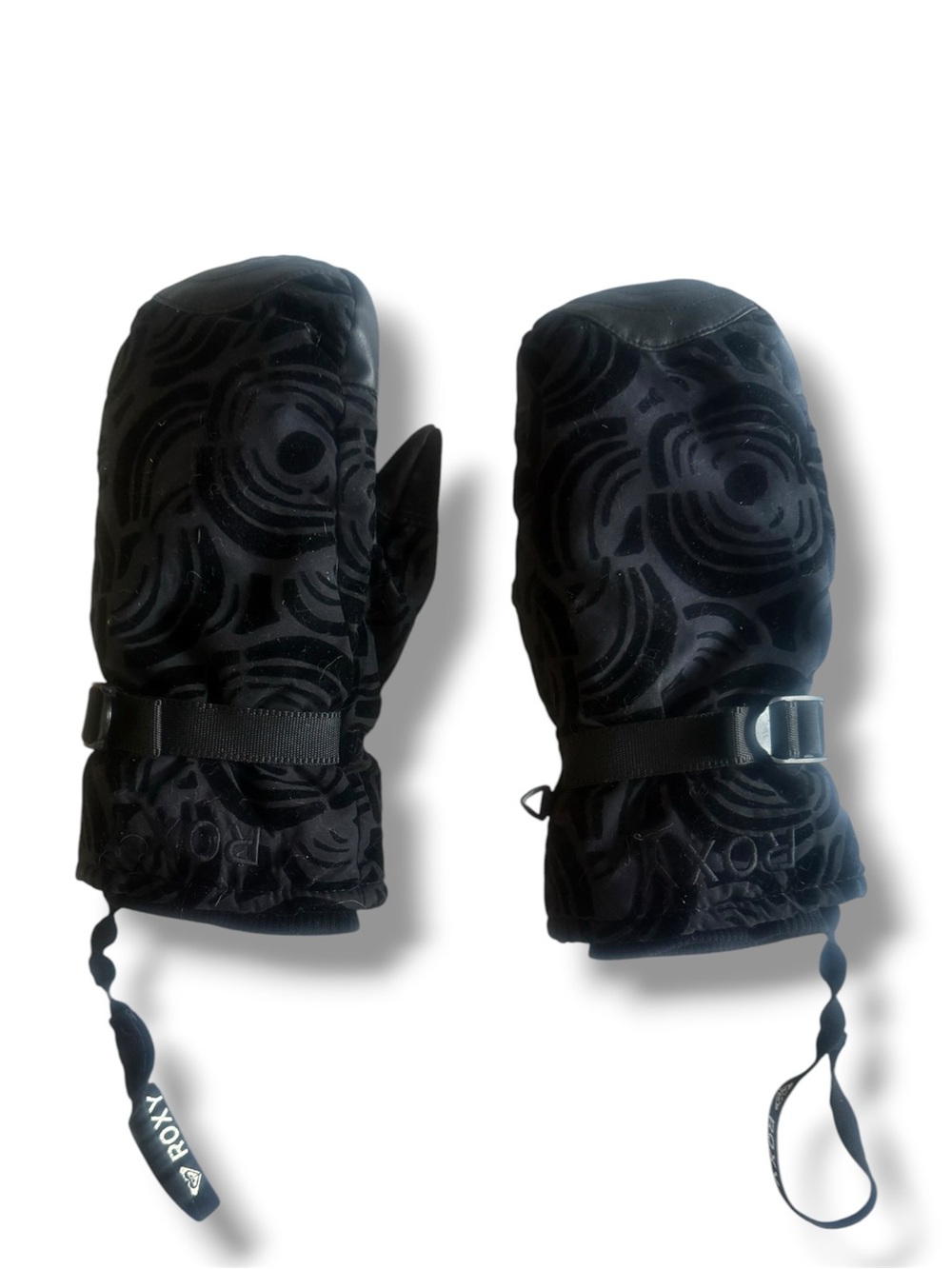 Roxy Womens Black Embossed Pattern Winter Ski Snowboard Mittens Mitts Size Med
